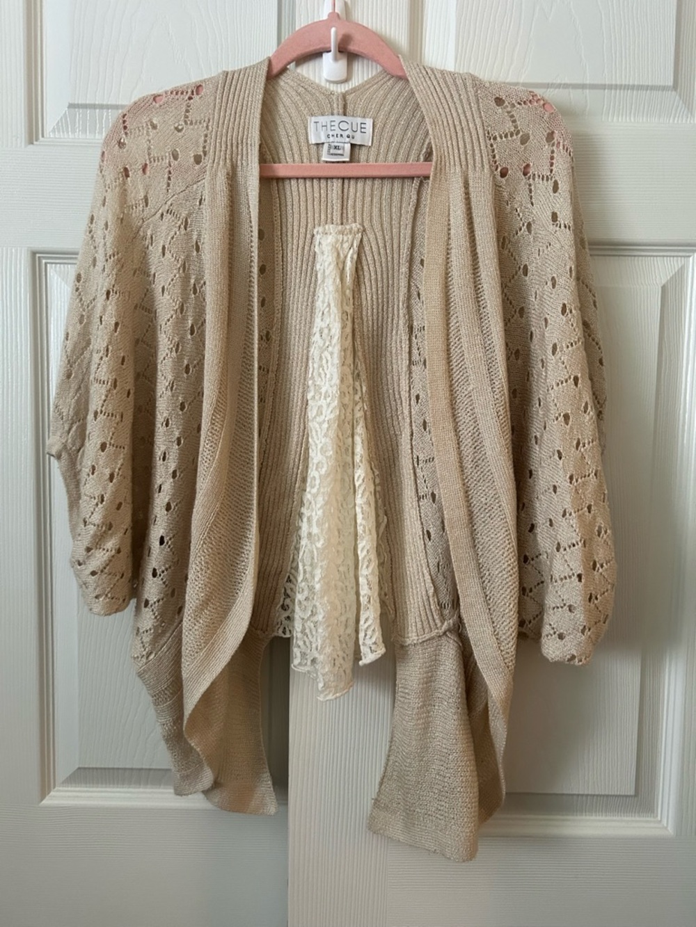 THECUE Cream Beige Open-Front Knit Cardigan with Lace Panel xl